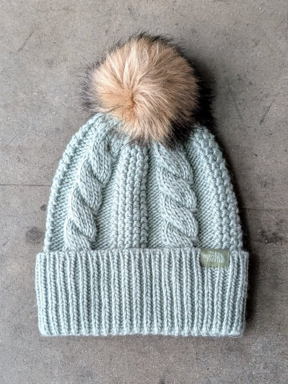 The North Face Oh Mega Beanie Cable Knit Winter Hat Faux Fur Pom Pom one size